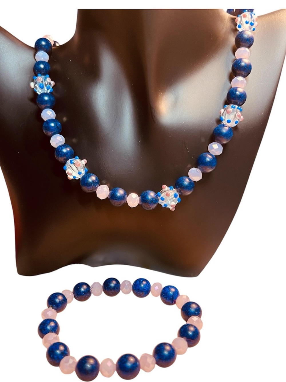 Colorful Navy and Pink Beaded Necklace and Bracelet Set